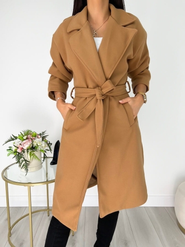 Brązowy Płaszcz z Paskiem 6892-137-C