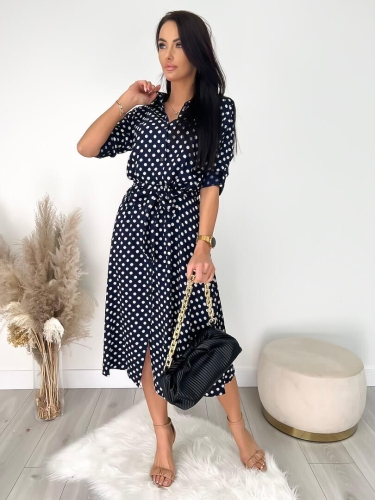 Granatowa Sukienka w Grochy z Paskiem 9477-51-B