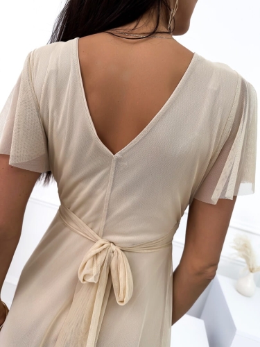 Beżowa Sukienka z Kopertowym Dekoltem 10312-195-D