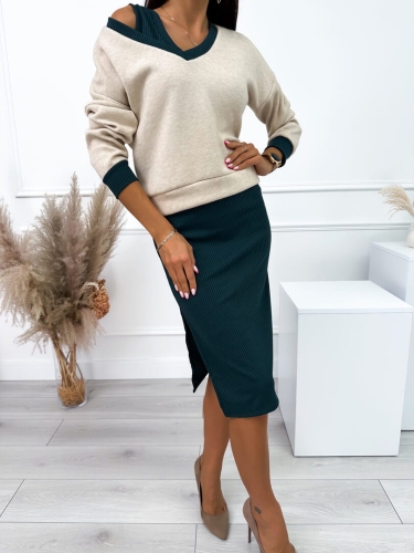 Beżowo-Zielony Komplet Sweterek + Sukienka 10586-328-D