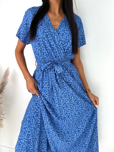 Niebieska Sukienka Maxi w Kwiaty 12080-11-B