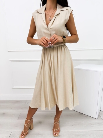 Beżowa Letnia Sukienka Midi z Kołnierzykiem 12414-281-A