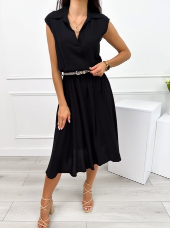 Czarna Letnia Sukienka Midi z Kołnierzykiem 12414-281-D