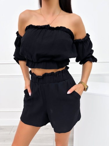 Czarny Komplet Crop Top + Spodenki 12534-414-A