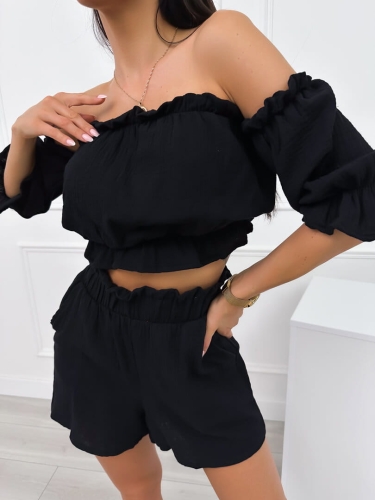 Czarny Komplet Crop Top + Spodenki 12534-414-A