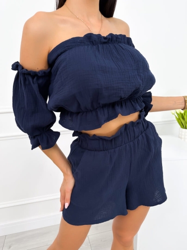 Granatowy Komplet Crop Top + Spodenki 12534-414-B