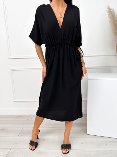 Czarna Sukienka z Dekoltem V i Wiązaniami 12557-91-B