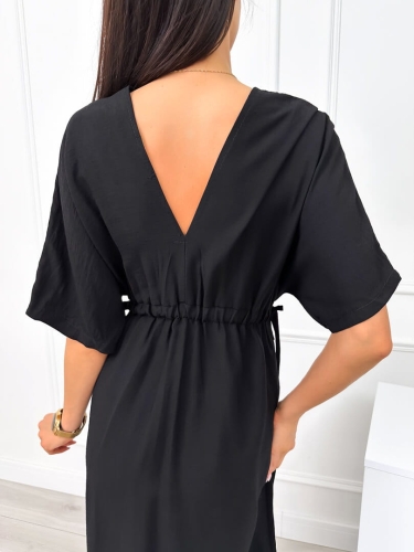 Czarna Sukienka z Dekoltem V i Wiązaniami 12557-91-B