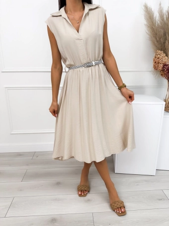 Jasnobeżowa Letnia Sukienka Midi z Kołnierzykiem 12414-281-G