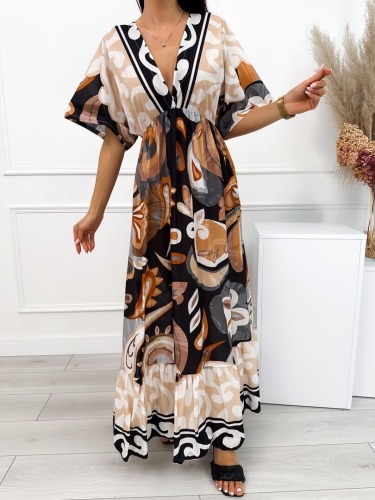 Czarno-Beżowa Sukienka Maxi z Dekoltem V 12577-163-A