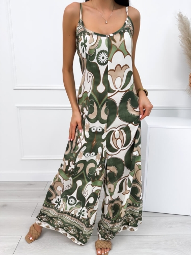 Zielono-Kremowy Wzorzysty Kombinezon na Ramiączkach 12578-45-B