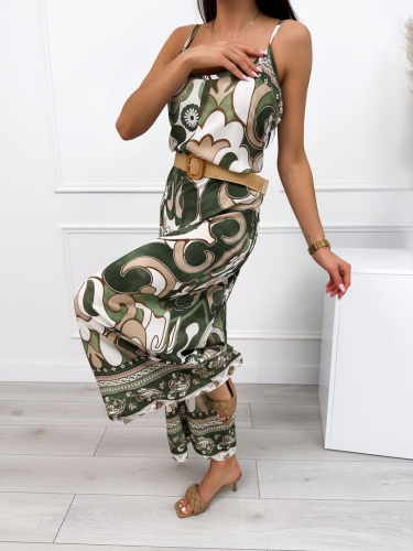 Zielono-Kremowy Wzorzysty Kombinezon na Ramiączkach 12578-45-B