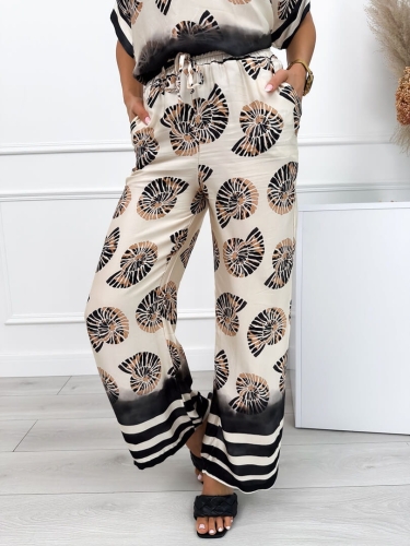 Beżowo-Czarne Spodnie ze Wzorem 12595-102-A