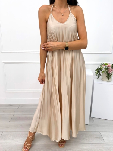 Beżowa Plisowana Sukienka Maxi 12585-75-A