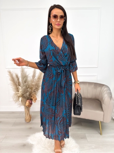 Niebiesko-Bordowa Plisowana Sukienka 12771-149-A