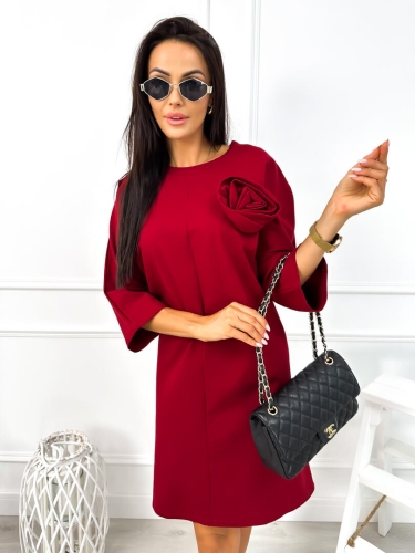 Bordowa Sukienka Oversize z Ozdobną Różą 12818-358-A