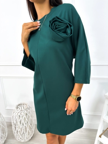 Ciemnozielona Sukienka Oversize z Ozdobną Różą 12818-358-D