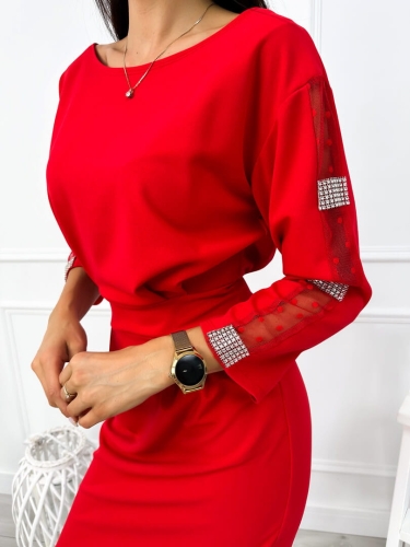 Czerwona Sukienka z Ozdobnym Rękawem 12886-70-B