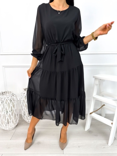 Czarna Sukienka z Falbankami i Paseczkiem 13017-16-C