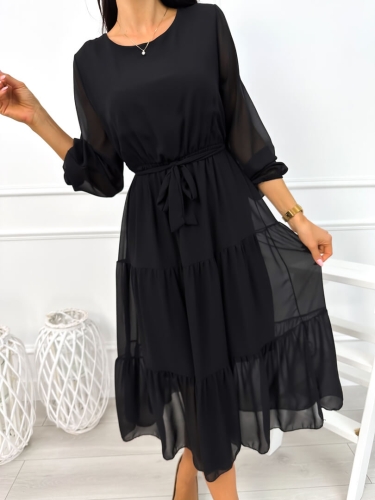 Czarna Sukienka z Falbankami i Paseczkiem 13017-16-C
