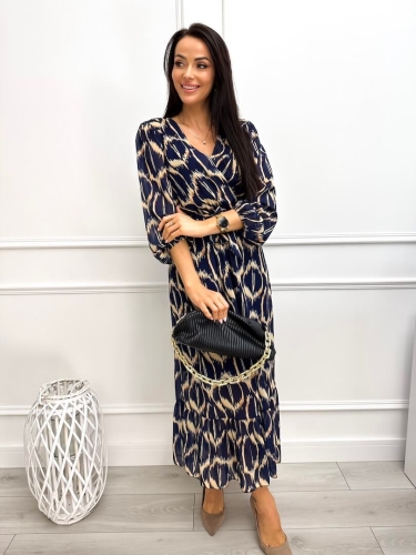 Granatowa Wzorzysta Sukienka z Paseczkiem 13267-203-B