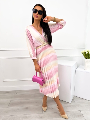 Pudrowo-Kremowa Plisowana Sukienka 12331-221-B