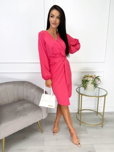 Koralowa Kopertowa Sukienka z Ozdobą 13511-12-D