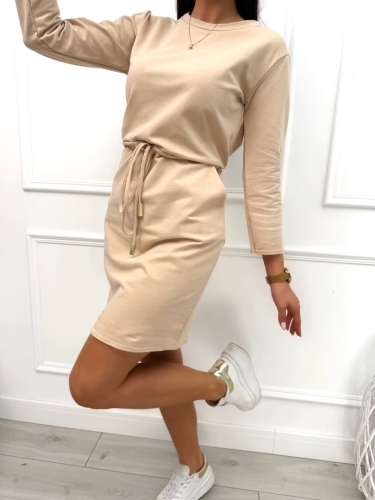 Jasnobeżowa Sukienka z Kieszeniami 11388-259-M