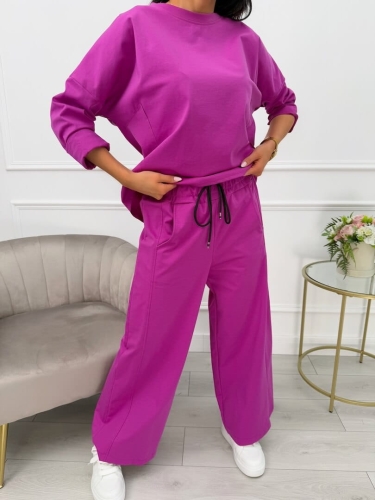 Fioletowy Komplet Bluzka + Spodnie z Szeroką Nogawką 13558-98-C