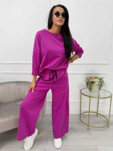 Fioletowy Komplet Bluzka + Spodnie z Szeroką Nogawką 13558-98-C