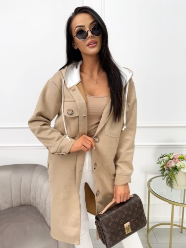 Beżowy Zamszowy Płaszcz z Kapturem 13561-420-A