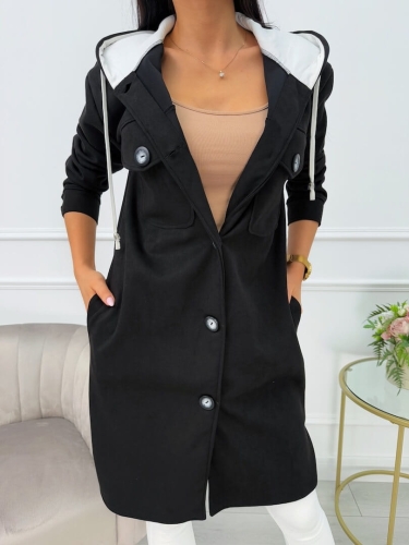 Czarny Zamszowy Płaszcz z Kapturem 13561-420-B