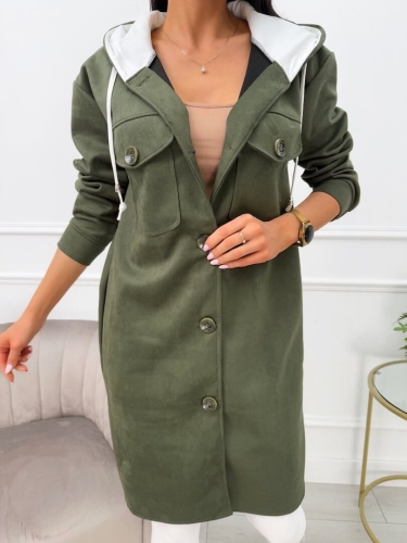 Khaki Zamszowy Płaszcz z Kapturem 13561-420-C