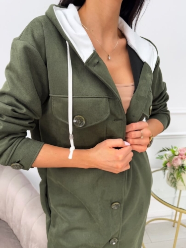 Khaki Zamszowy Płaszcz z Kapturem 13561-420-C