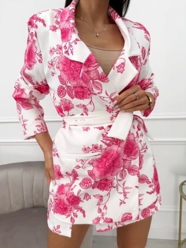 Kremowy Komplet w Różowy Wzór Marynarka Oversize + Spódnico-Spodenki 13569-511-B