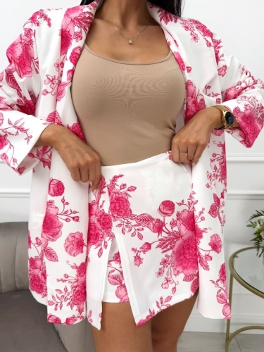 Kremowy Komplet w Różowy Wzór Marynarka Oversize + Spódnico-Spodenki 13569-511-B