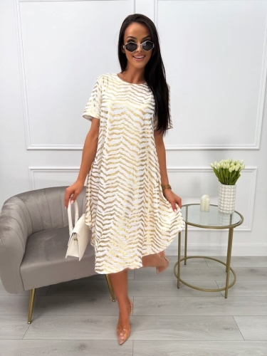 Kremowa Sukienka ze Złotym Wzorem 13740-93-B