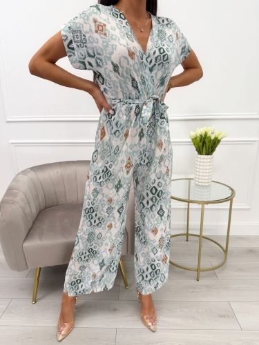 Miętowo-Kremowy Kombinezon z Paskiem 13867-502-A