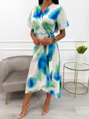 Kremowo-Kobaltowo-Zielona Sukienka z Wiązaniem 13876-349-A
