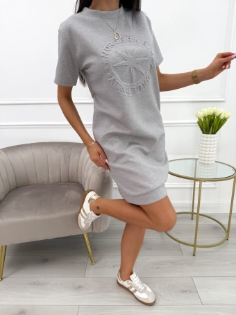 Szara Sukienka z Krótkim Rękawem i Tłoczeniem 13907-414-D