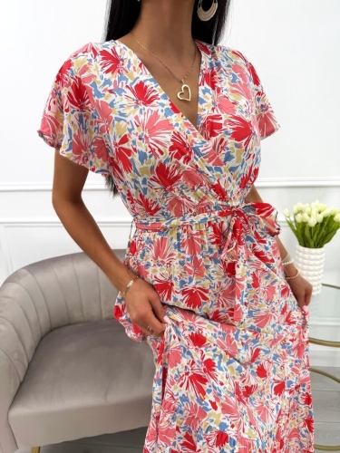 Koralowo-Niebieska Sukienka z Motywem Kwiatowym 13929-303-B