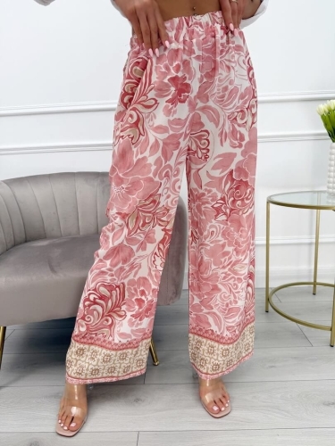 Pudrowo-Kremowe Spodnie w Roślinny Wzór 13868-300-C