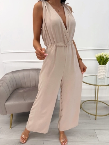 Beżowy Kombinezon z Kopertowym Dekoltem i Kieszeniami 13881-283-A