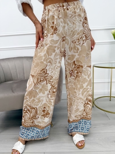 Beżowo-Kremowe Spodnie w Roślinny Wzór 13868-300-A