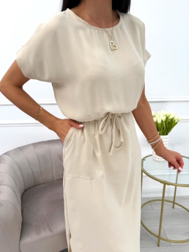 Jasnobrązowa Sukienka z Kieszonkami 10330-227-S