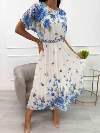 Niebiesko-Kremowa Sukienka z Motywem Kwiatowym i Paskiem 13961-80-B