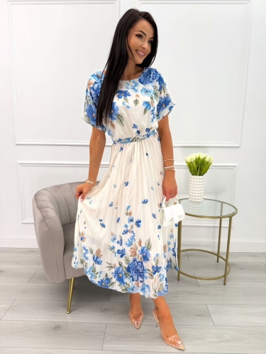 Niebiesko-Kremowa Sukienka z Motywem Kwiatowym i Paskiem 13961-80-B