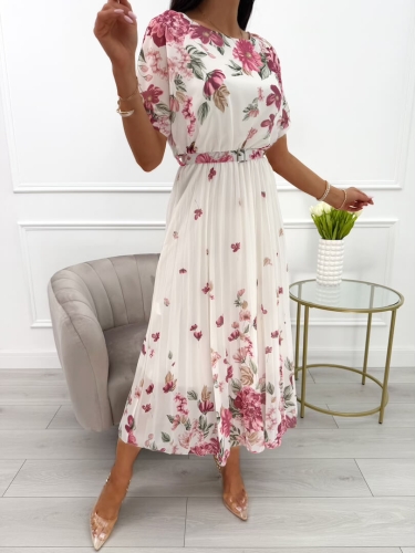 Różowo-Kremowa Sukienka z Motywem Kwiatowym i Paskiem 13961-80-C