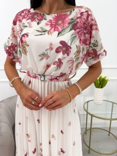Różowo-Kremowa Sukienka z Motywem Kwiatowym i Paskiem 13961-80-C
