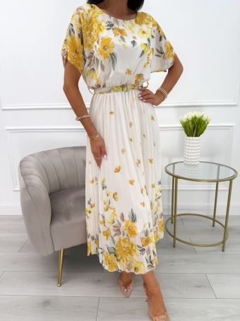 Żółto-Kremowa Sukienka z Motywem Kwiatowym i Paskiem 13961-80-D